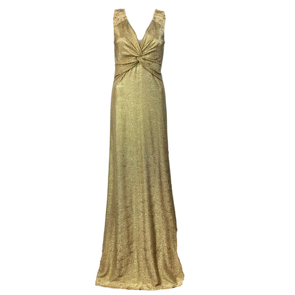 David Meister Gown Womens Sz 2 Gold Metallic Evening Gown Lace‎ Sequin Twist - Picture 1 of 10